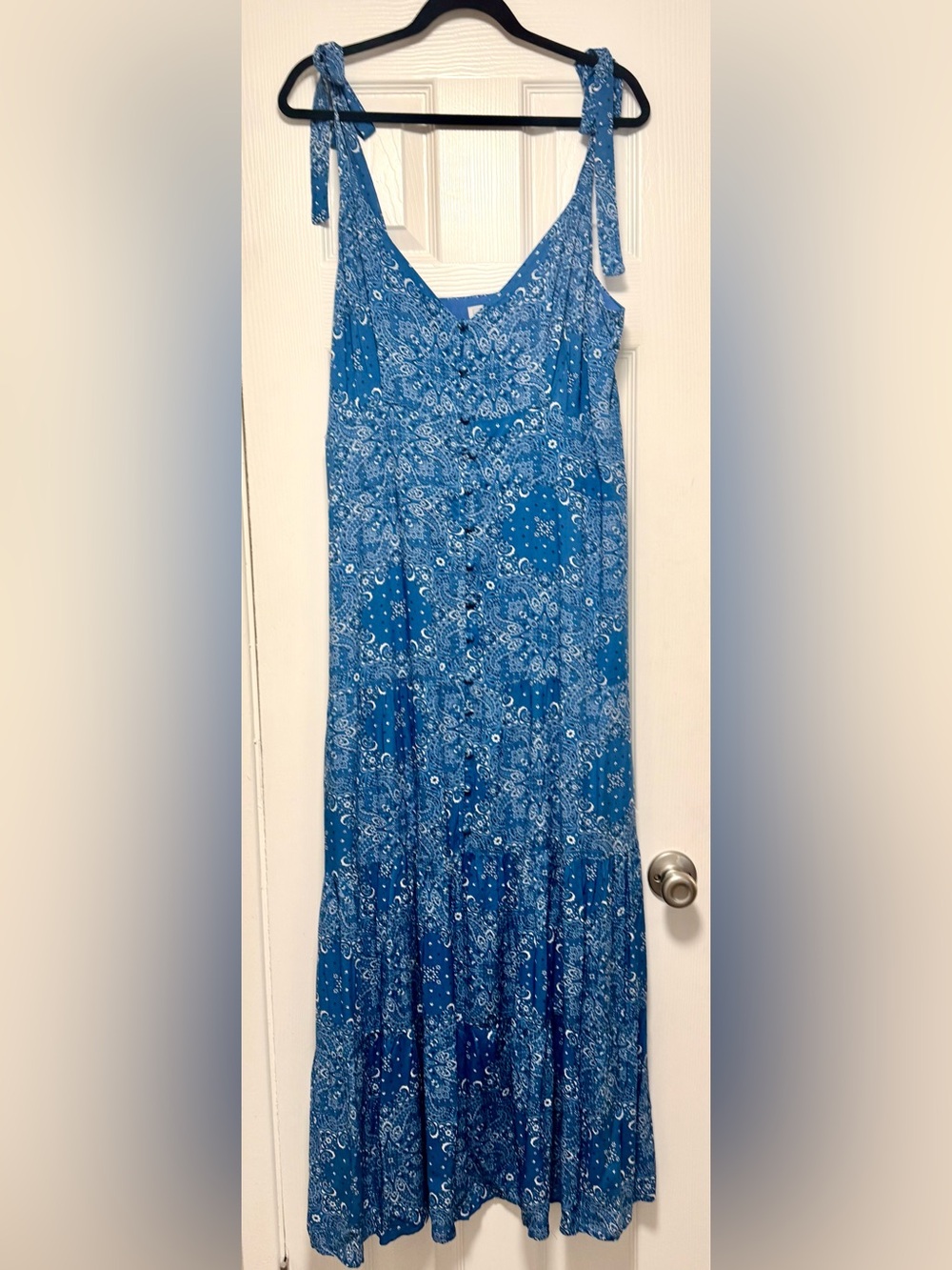 Sage Blue Bandana-Print Tie-Shoulder Maxi Dress